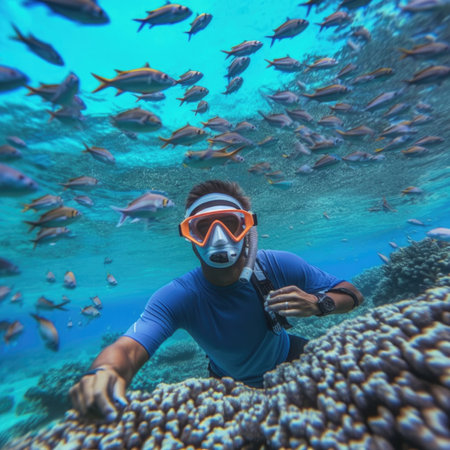 Man in snorkeling mask dive underwater with tropical fishes in coral reef sea pool.の素材