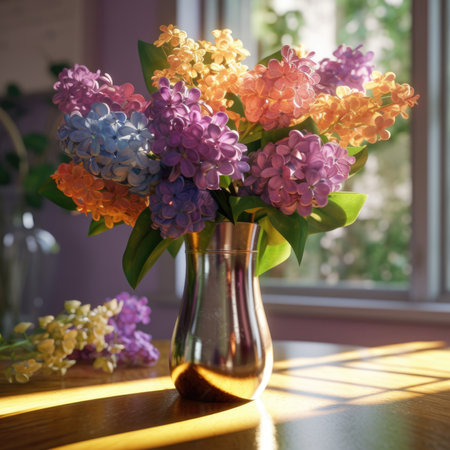Blooming purple lilac flowers background.Lilac flower in vaseの素材