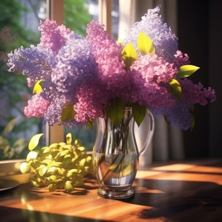 Blooming purple lilac flowers background.Lilac flower in vaseの素材