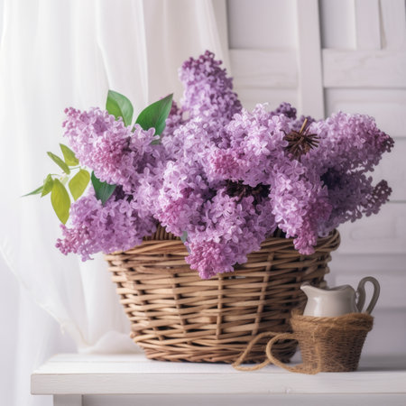Blooming purple lilac flowers background.Lilac flower in vaseの素材
