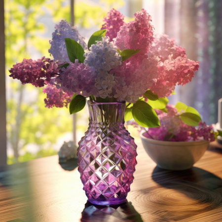 Blooming purple lilac flowers background.Lilac flower in vaseの素材