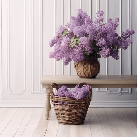 Blooming purple lilac flowers background.Lilac flower in vaseの素材