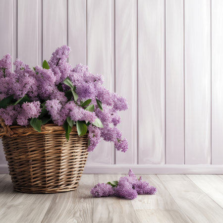 Blooming purple lilac flowers background.Lilac flower in vaseの素材