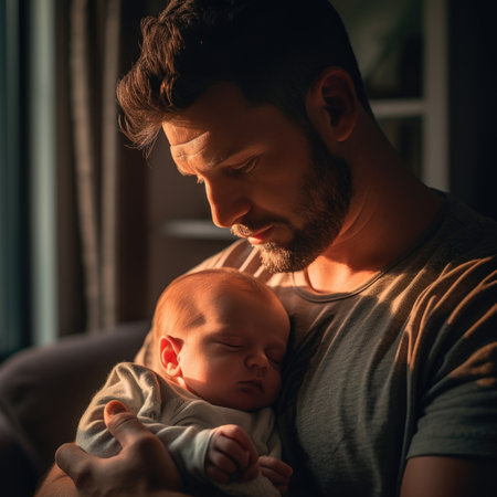 Loving father carying of her newborn babyの素材