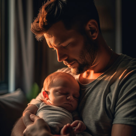 Loving father carying of her newborn babyの素材