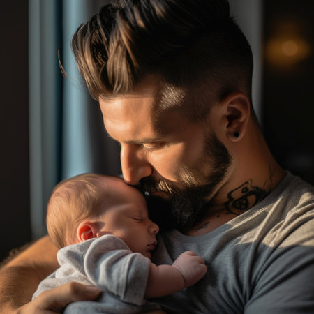 Loving father carying of her newborn babyの素材