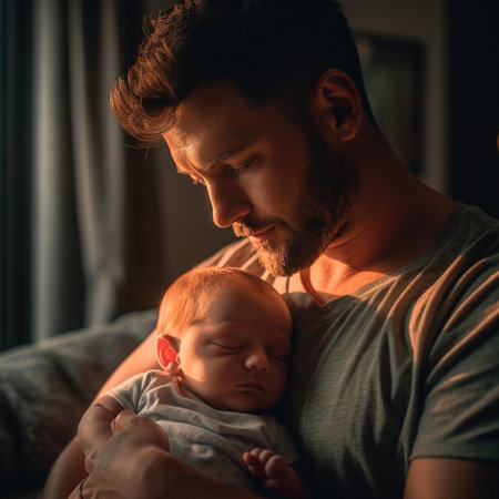 Loving father carying of her newborn babyの素材