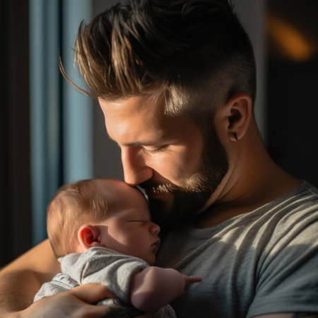 Loving father carying of her newborn babyの素材
