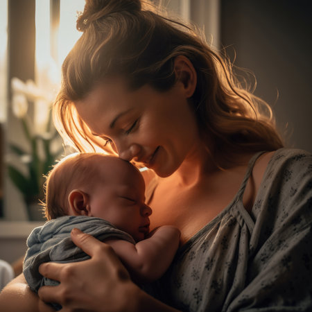 Loving mom carying of her newborn babyの素材