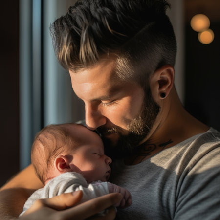 Loving father carying of her newborn babyの素材