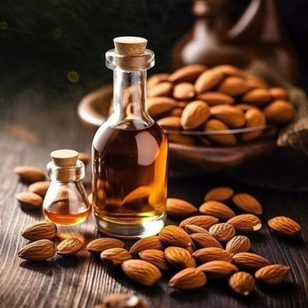 Almond oil.Almond oil in glass bottle and almonds on wooden tableの素材