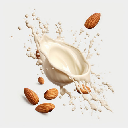 Almonds isolated on white.Splash of milk on white backgroundの素材
