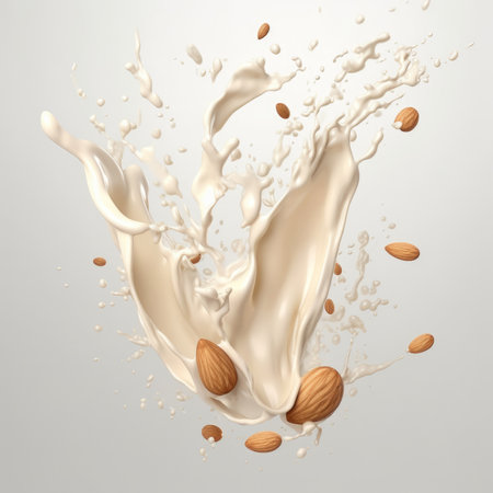 Almonds isolated on white.Splash of milk on white backgroundの素材