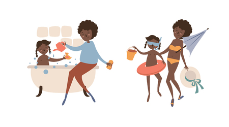 Single black mother with daughter go in the summer to the beach. Bathe in the bathroom with soap bubblesのイラスト素材
