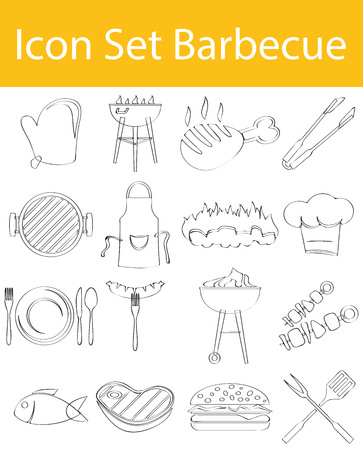 Drawn Doodle Lined Icon Set Barbecue with 16 icons for the creative use in graphic designのイラスト素材