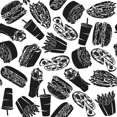 Black Pattern Fast Food I with 16 icons for the creative use in graphic design.のイラスト素材
