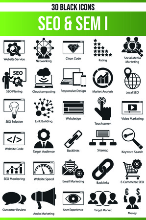 Black pictograms / icons on SEO. This icon set is perfect for creative people and designers who need the theme SEM in their graphic designs.のイラスト素材