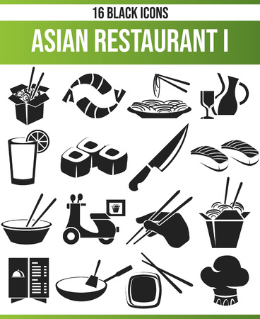 Black Piktoramme / icons on Asian restaurant. This icon set is perfect for creative people and designers who need the theme Asian restaurant in their graphic designs.のイラスト素材