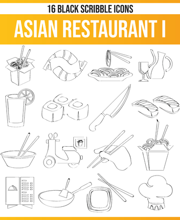 Black Piktoramme / icons on Asian restaurant. This icon set is perfect for creative people and designers who need the theme Asian restaurant in their graphic designs.のイラスト素材