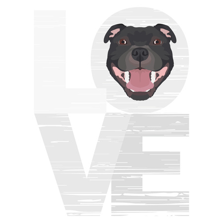 Love Staffordshire Bull Terrier - A dog's head with the word love. The dog is man's best friend and is loved as a pet.のイラスト素材