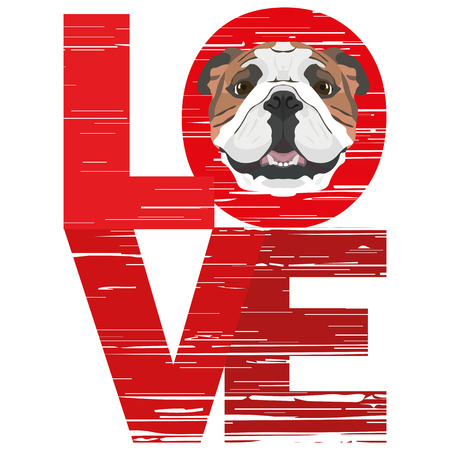Love English Bulldog - A dog's head with the word love. The dog is man's best friend and is loved as a pet.のイラスト素材
