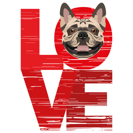 Love French Bulldog - A dog's head with the word love. The dog is man's best friend and is loved as a pet.のイラスト素材