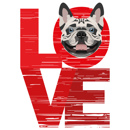 Love French Bulldog - A dog's head with the word love. The dog is man's best friend and is loved as a pet.のイラスト素材