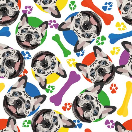 Colorful and playful French Bulldog - Seamless pattern with playful illustration of a dog. The smiling dog is a great gift for dog lovers and dog owners.のイラスト素材