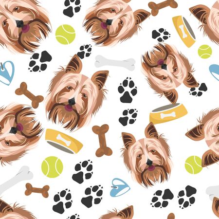 Smiling Dog Yorkshire Terrier - Seamless pattern with playful illustration of a dog and paw prints. The smiling dog is a great gift for dog owners.のイラスト素材