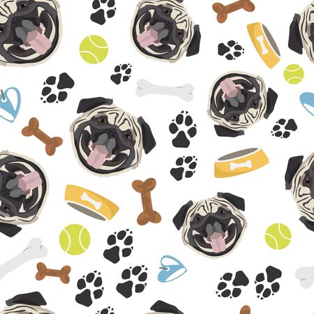 Smiling Dog Pug - Seamless pattern with playful illustration of a dog and paw prints. The smiling dog is a great gift for dog owners.のイラスト素材