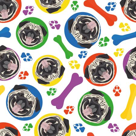 Colorful and playful Pug - Seamless pattern with playful illustration of a dog. The smiling dog is a great gift for dog lovers and dog owners.のイラスト素材