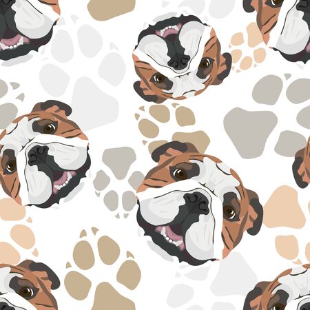 Dog paws pattern English Bulldog - Seamless pattern with playful illustration of a dog and paw prints. The smiling dog is a great gift for dog owners.のイラスト素材