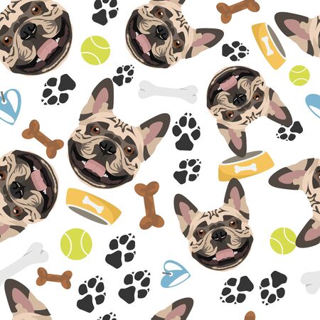 Smiling Dog French Bulldog - Seamless pattern with playful illustration of a dog and paw prints. The smiling dog is a great gift for dog owners.のイラスト素材