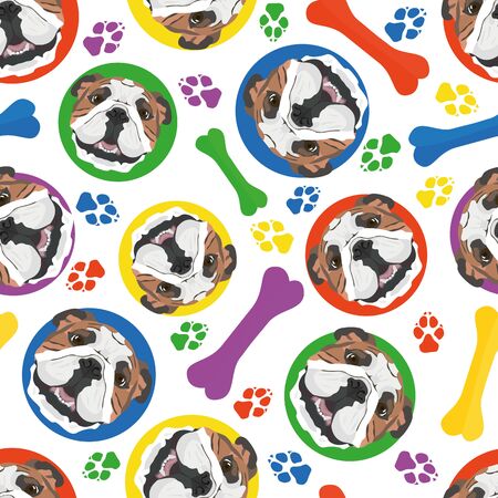 Colorful and playful English Bulldog - Seamless pattern with playful illustration of a dog. The smiling dog is a great gift for dog lovers and dog owners.のイラスト素材