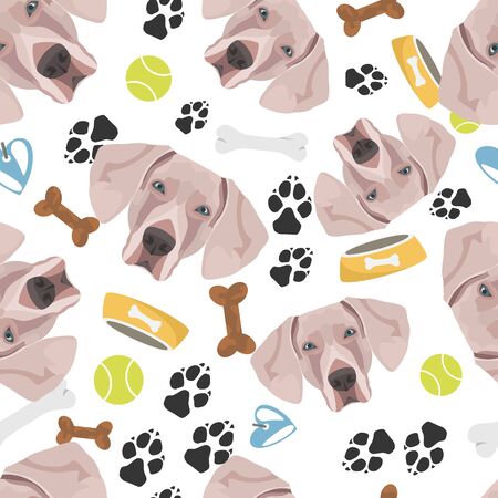 Smiling Dog Weimaraner - Seamless pattern with playful illustration of a dog and paw prints. The smiling dog is a great gift for dog owners.のイラスト素材