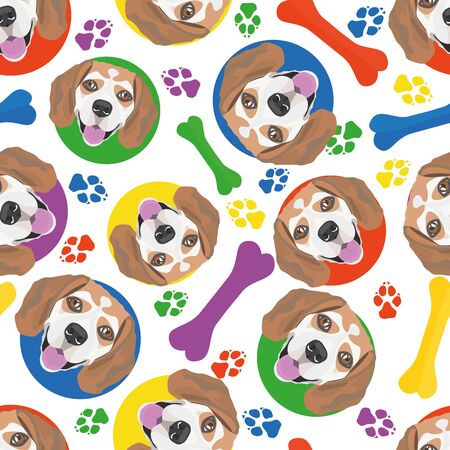 Colorful and playful beagle - Seamless pattern with playful illustration of a dog. The smiling dog is a great gift for dog lovers and dog owners.のイラスト素材
