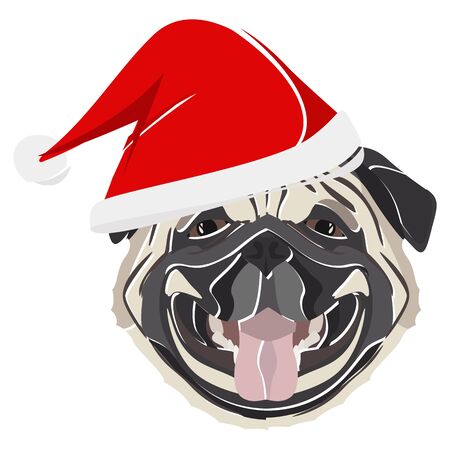 Pug with Christmas hat - This cheerful dog is properly contemplative through his Santa hat. A Christmas motive for dog owners.のイラスト素材