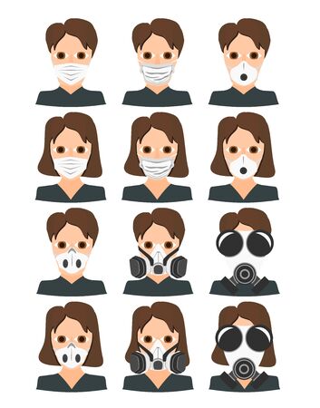A graphic set of people with respirators used on construction sites or in hospitals. The masks keep out all viruses, bacteria and pollutants.のイラスト素材