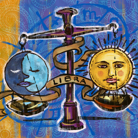 Libra horoscope symbol. Starry zodiac print. Realistic illustrations in gold and blue colors. Abstract vintage styleの写真素材