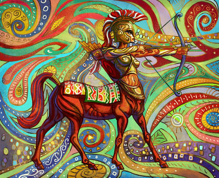 Sagittarius horoscope symbol. Starry zodiac print. Realistic illustrations in gold and red colors. Abstract vintage styleの写真素材
