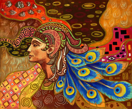 Virgo horoscope symbol. Starry zodiac print. Realistic illustrations in gold and red colors. Abstract vintage style. Girl with peacock feathers in her hairの写真素材