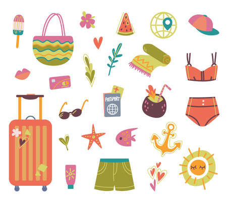 Vector fun summer fashion set of womens beach accessories. Vintage hand drawn tourist objects. Passport, credit card, suitcase, swimsuit, vacation, tourismのイラスト素材