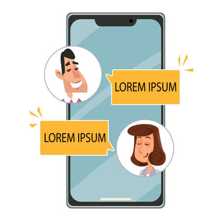 Correspondence on the phone. Image of a smartphone on a white background. Dialogue between men and women, online communication, freelance business negotiationsのイラスト素材