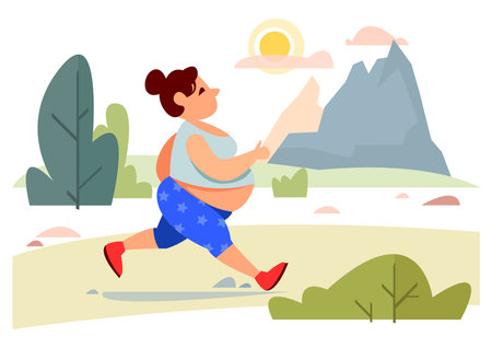 A fat woman in a tracksuit runs down the street on a background of nature. Vector illustration in cartoon style.のイラスト素材