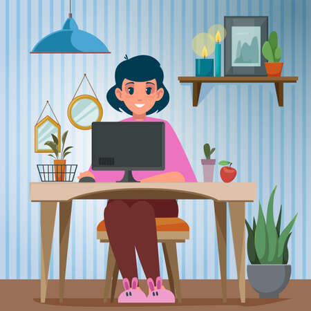 A freelancer girl sits at a table on which there is a computer. Blogger work. Cartoon style. Vector illustration.のイラスト素材