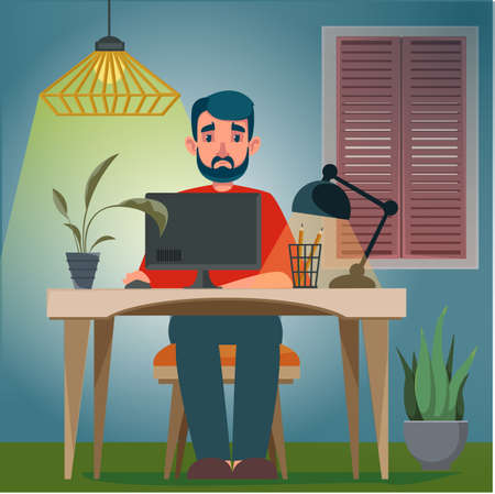 Freelancer man sits at a table on which there is a computer. Blogger work. Cartoon style. Vector illustration.のイラスト素材
