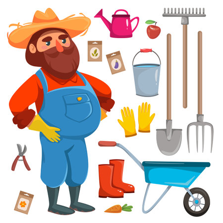 Farm in the village. Elements for the game sprites and tile sets. Garden beds, pitchfork, cart, seeds, spring, vegetable garden, vegetable, man, farmer, pitchfork, shovel, tools. Vector cartoon flatのイラスト素材