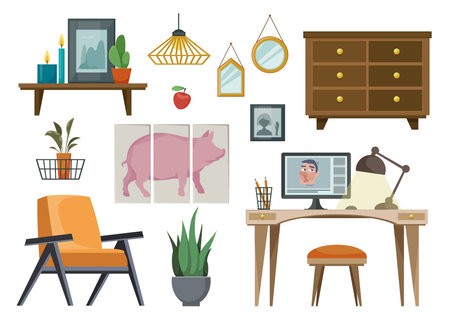 Set of furniture in the Scandinavian fashion. Items for the blogger s office. Vector illustration in cartoon flat style.のイラスト素材