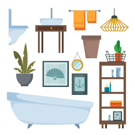 Toiletries set of furniture and accessories. Vector illustration. Furniture, plumbing, equipment and hygiene items for the bathroom, toilet bowl, chandelier, wardrobe, bath, beti collection, interiorのイラスト素材