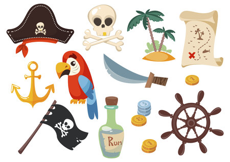 cute pirate set, objects collection, vector illustration, flat designのイラスト素材